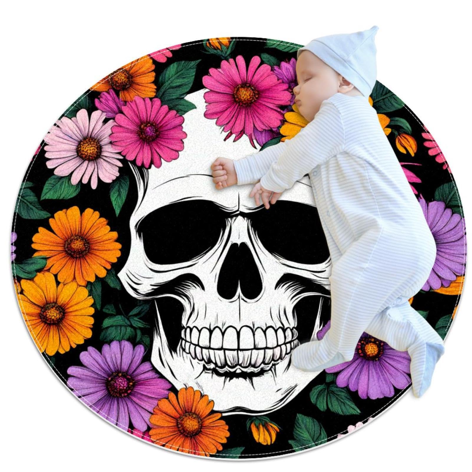 Tapis antidérapant rond 1m marguerites tête de mort pour sol sécurisé