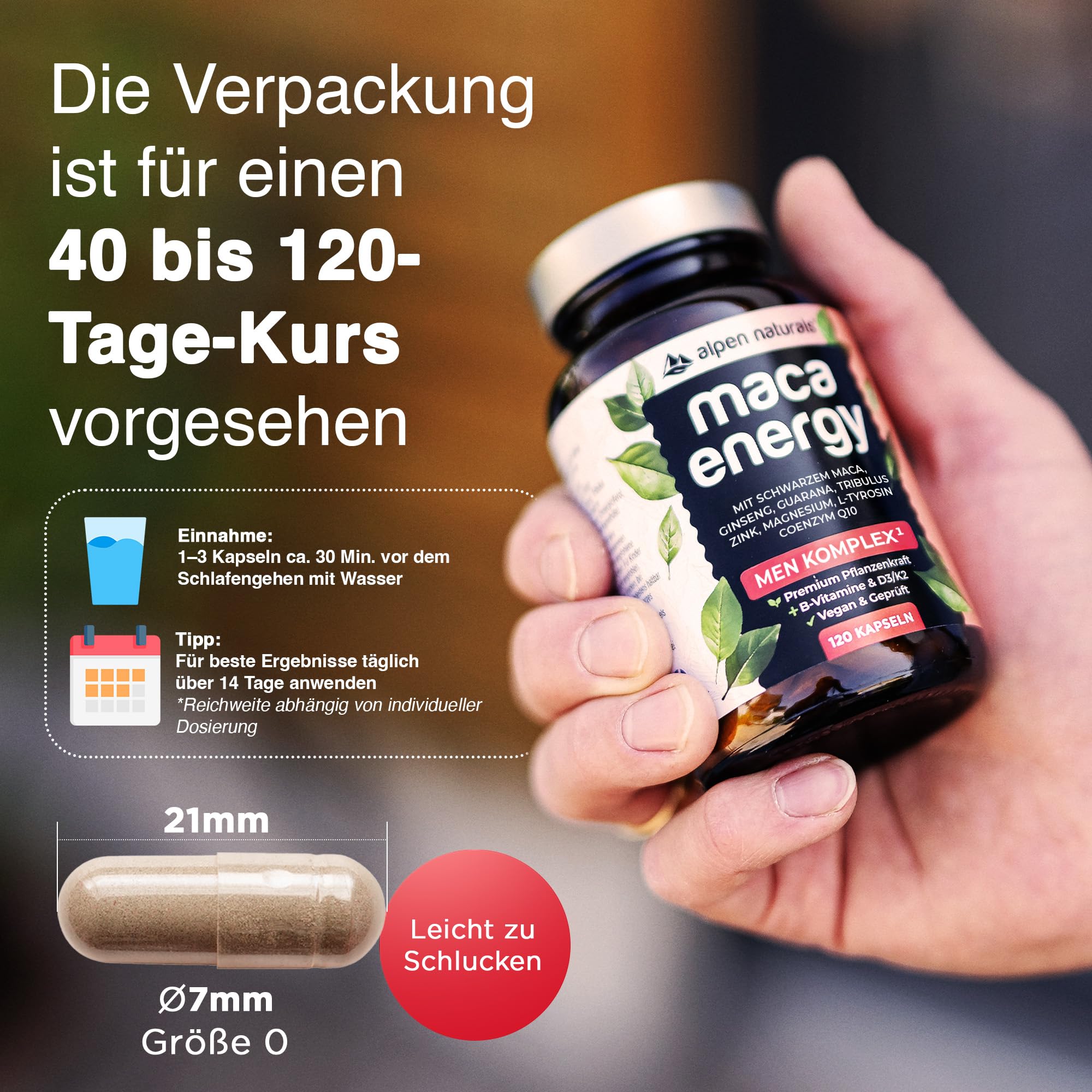 Maca Men Komplex Hochdosiert – 120 Kapseln mit Schwarzem Maca, Tribulus, Ginseng, Guarana, Zink & Q10 – Vegan & Laborgeprüft