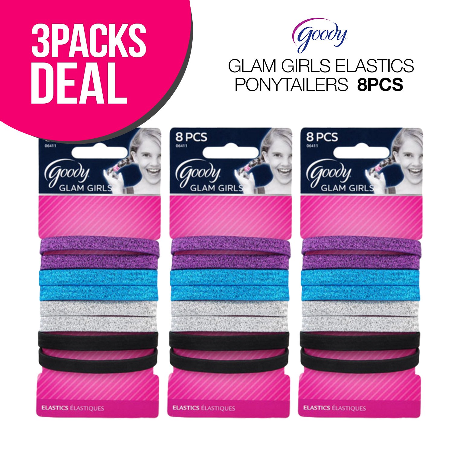 3-PACK ! Goody Glam Girls Elastics Ponytailers 8Pcs