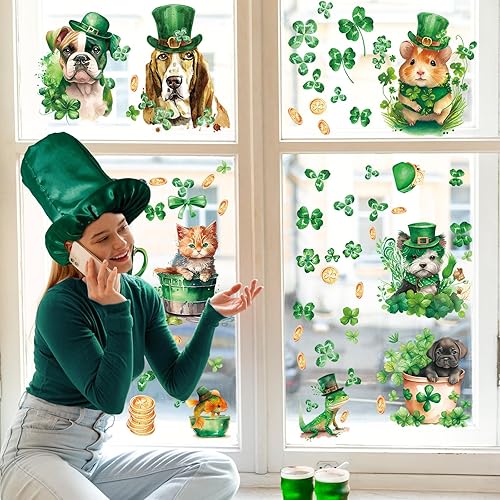 Miniatura 4 de Adhesivos para ventana del día de San Patricio 9 hojas de calcomanías del día de San Patricio con trébol perros gatos monedas para decoración de