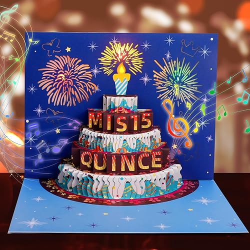 Rotel Tarjeta de quinceañera, luz de pastel emergente y música, tarjeta de feliz cumpleaños 15 para regalos de quinceañera, tarjetas para