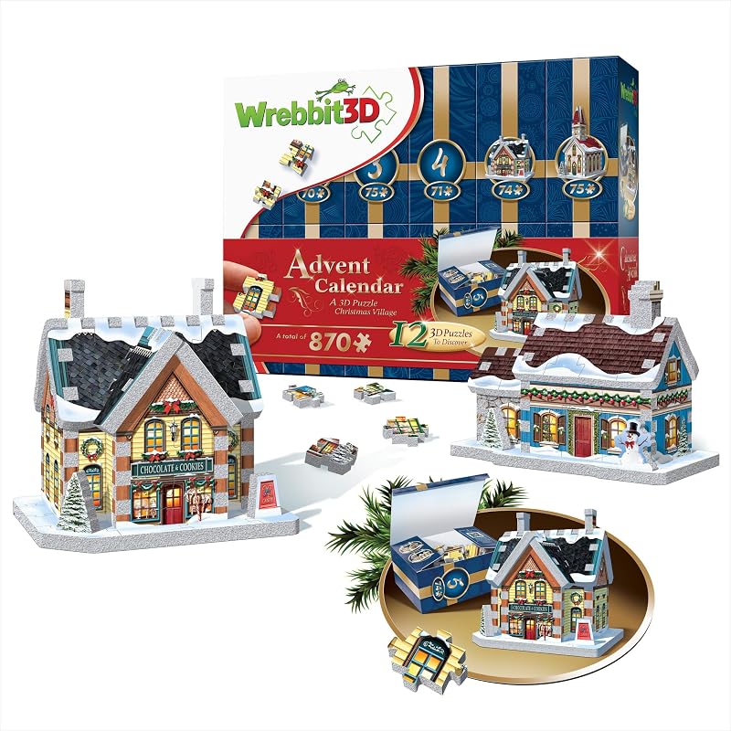 Wrebbit3D Advent Calendar 3D Puzzle | Discover and Build Charming Houses for an Everlasting Holiday Display | 12 Individually Packed Puzzles (870 Total Pieces) | Reusable Tabletop Christmas Village