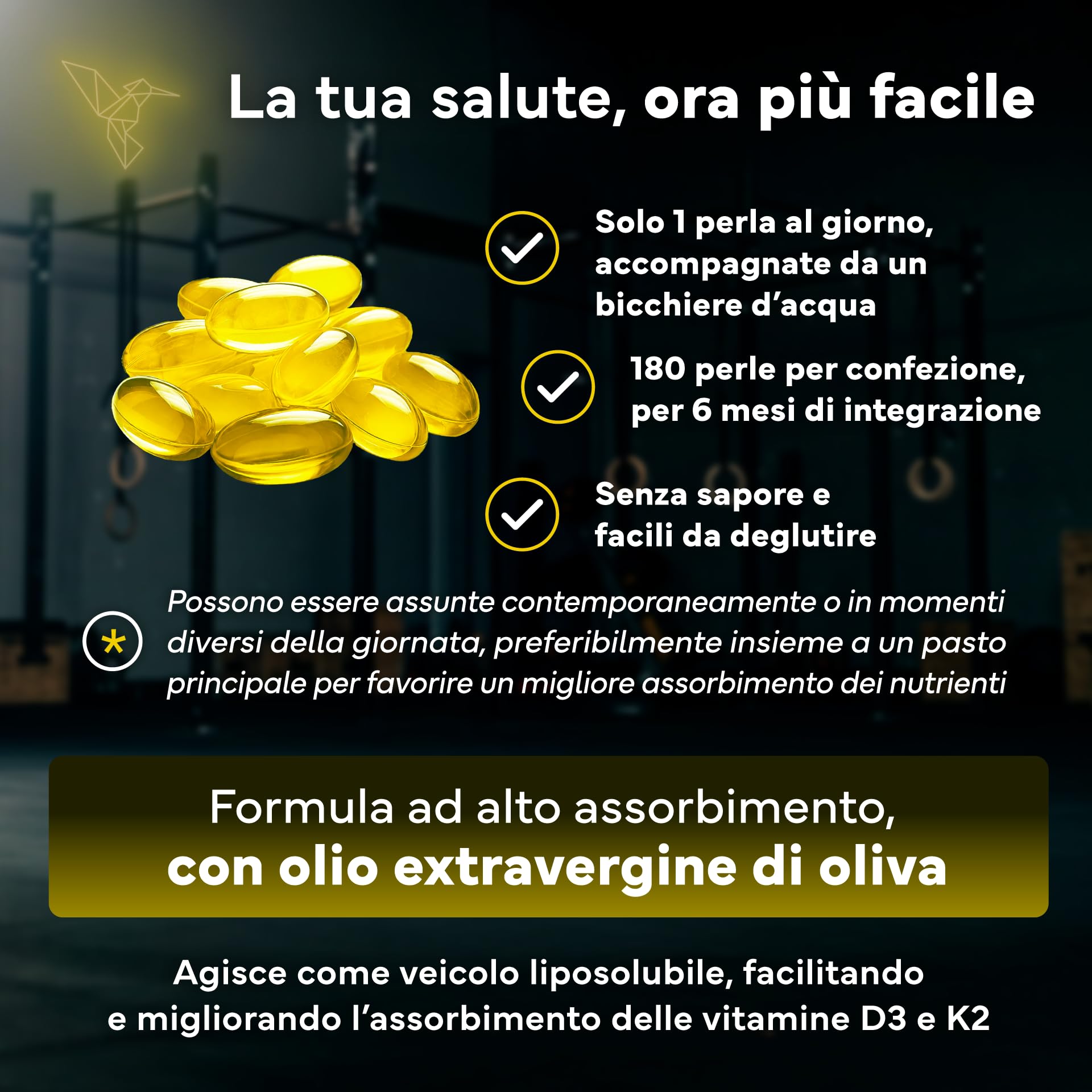 Vitamina D3 K2 - Alto Dosaggio y Assorbimento - Vitamina D3 2.000 U.I. e 100 µg di Vitamin K2 MK7 per Sistema Immunitario, Ossa e Denti - Con Olio Extravergine di Oliva - 180 Softgel Senza Glutine