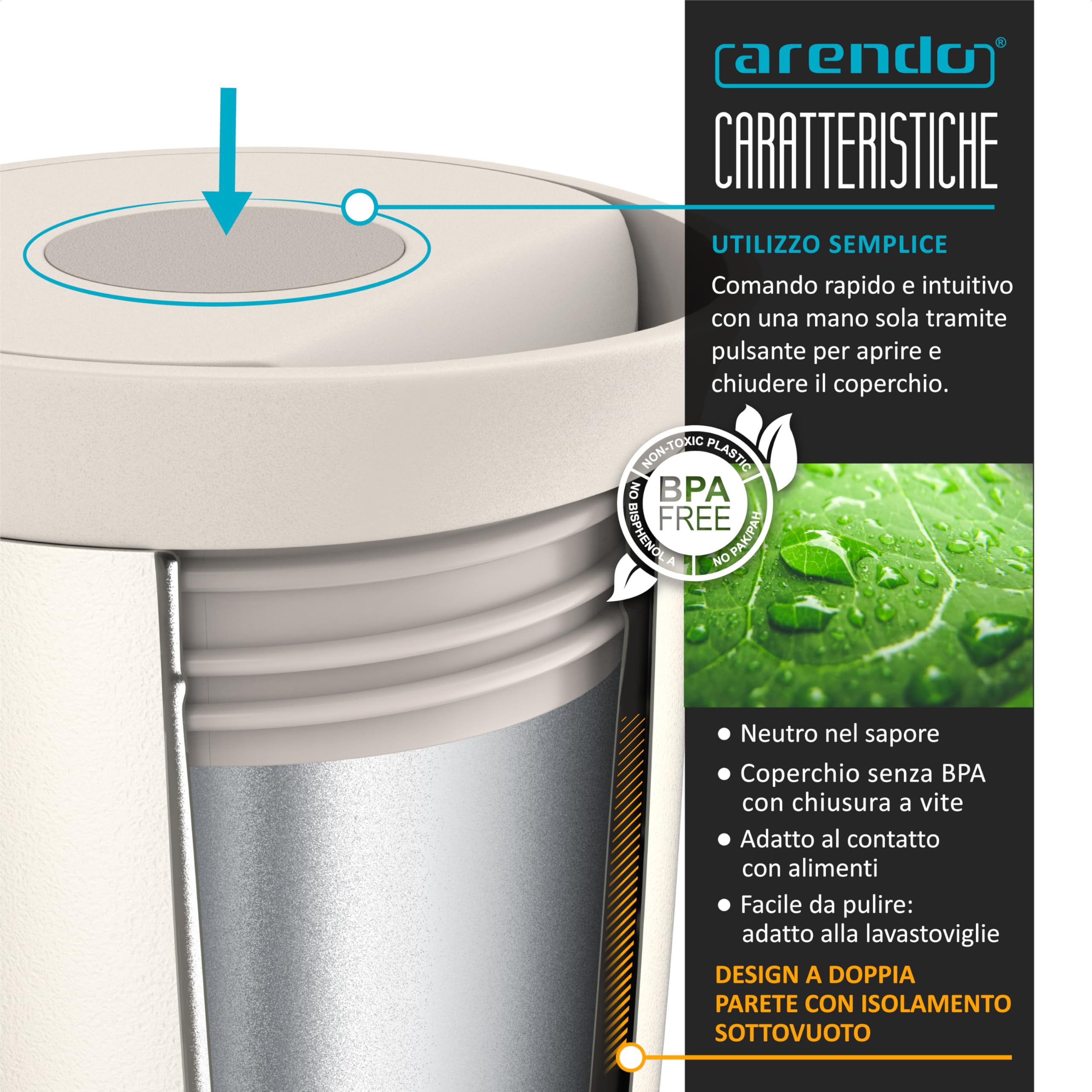 arendo Tazza Termica, Travel Mug, Tazza termica da viaggio 350 ml, Bicchiere termico Corpo in Acciaio Inox, 100% a prova di perdita, Pertura per bere con pulsante/Chiusura, Caffe Te e Altre Bevande