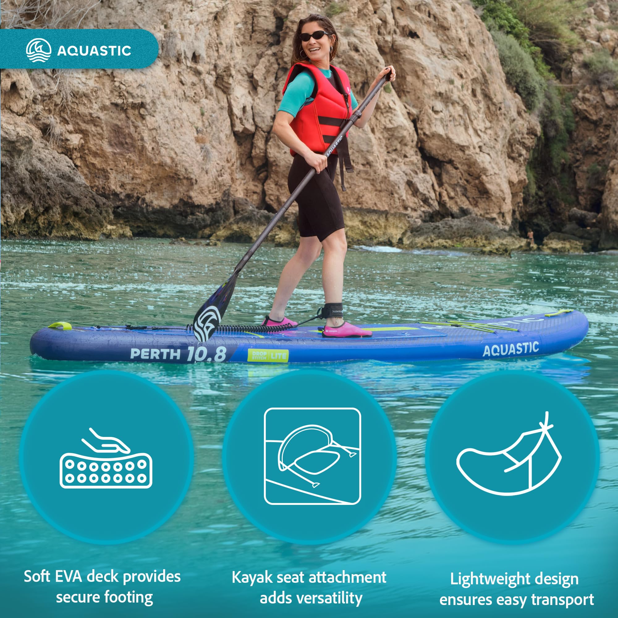 AQUASTIC Paddleboard Perth 10'8″ – zestaw SUP z plecakiem 42 × 23 × 92 cm, 3 uchwytami, siedziskiem kajakowym, 3 mm pianki EVA, balastem 9", 300 cm leash i zestawem naprawczym