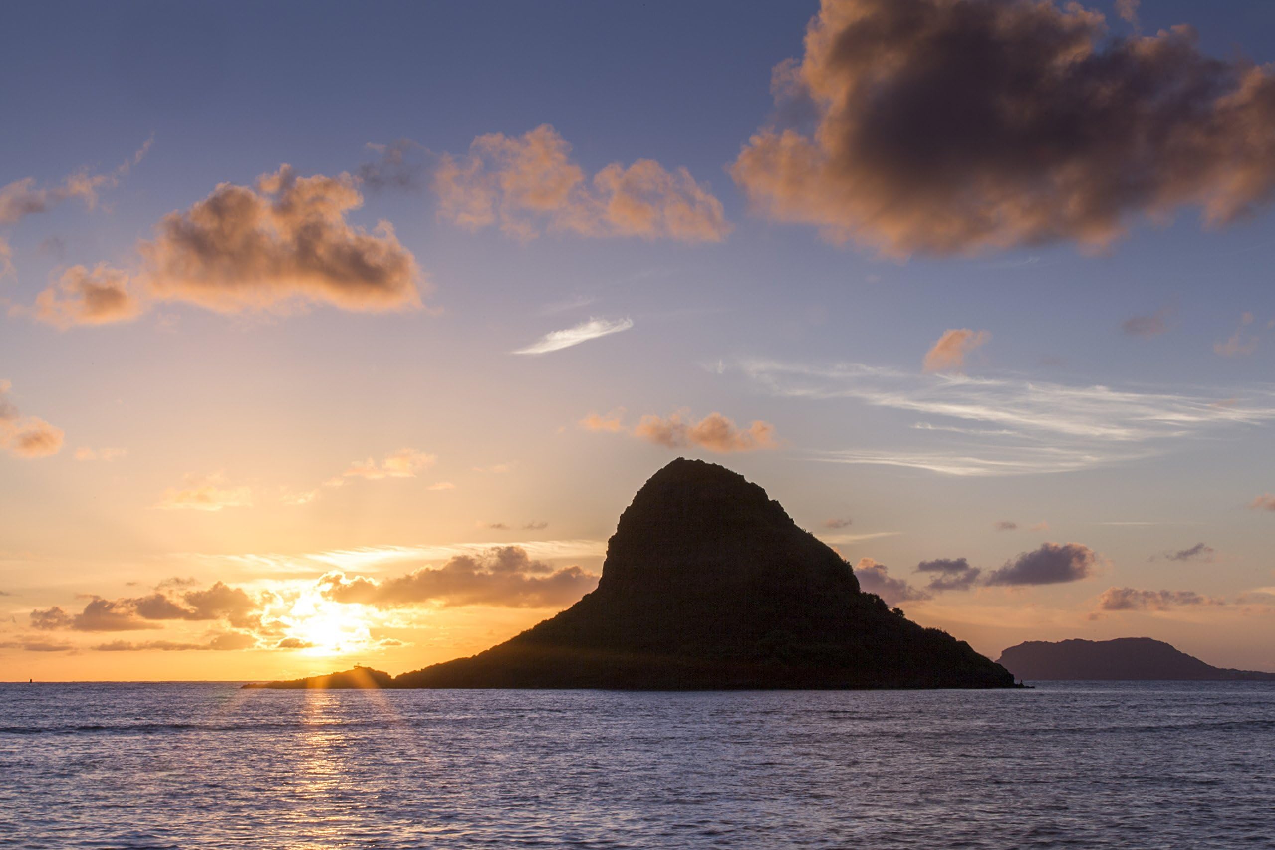 Sunrise behind Mokoli'i aka Chinaman's Hat Island, Kualoa Beach Park, Oahu, Hawaii print picture photo photograph fine art