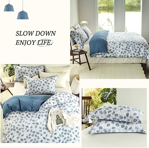 Miniatura 8 de MILDLY Funda de edredón con diseño de hojas, 100% algodón lavado, estampado de hojas azul marino, juego de funda de edredón con acuarela, sensación