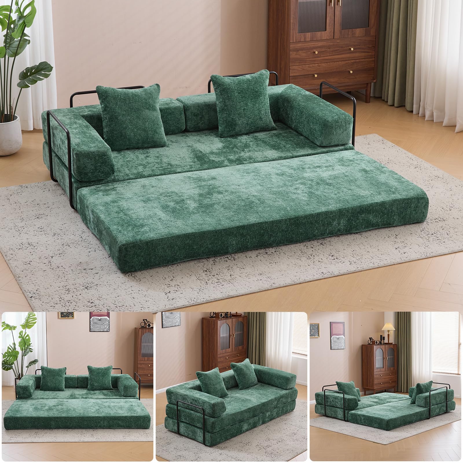 Convertible Sleeper Sofa, Modular Folding Futon Comfy Chenille Memory Foam Floor Lazy Loveseat Chaise Lounge Sofa Couch Bed with Iron Frames for Guest