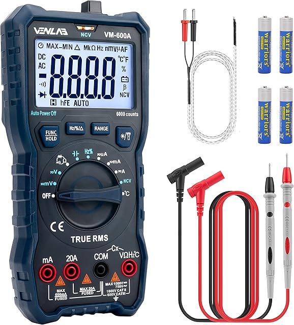 VENLAB Digital Multimeter, T-RMS 6000 Counts Auto-Ranging 20A Amp Meter, Volt Ohm Circuit Tester, Measures Voltage Current Resistance Diodes Continuity Duty-Cycle Capacitance NCV Temperature (VM-600A)
