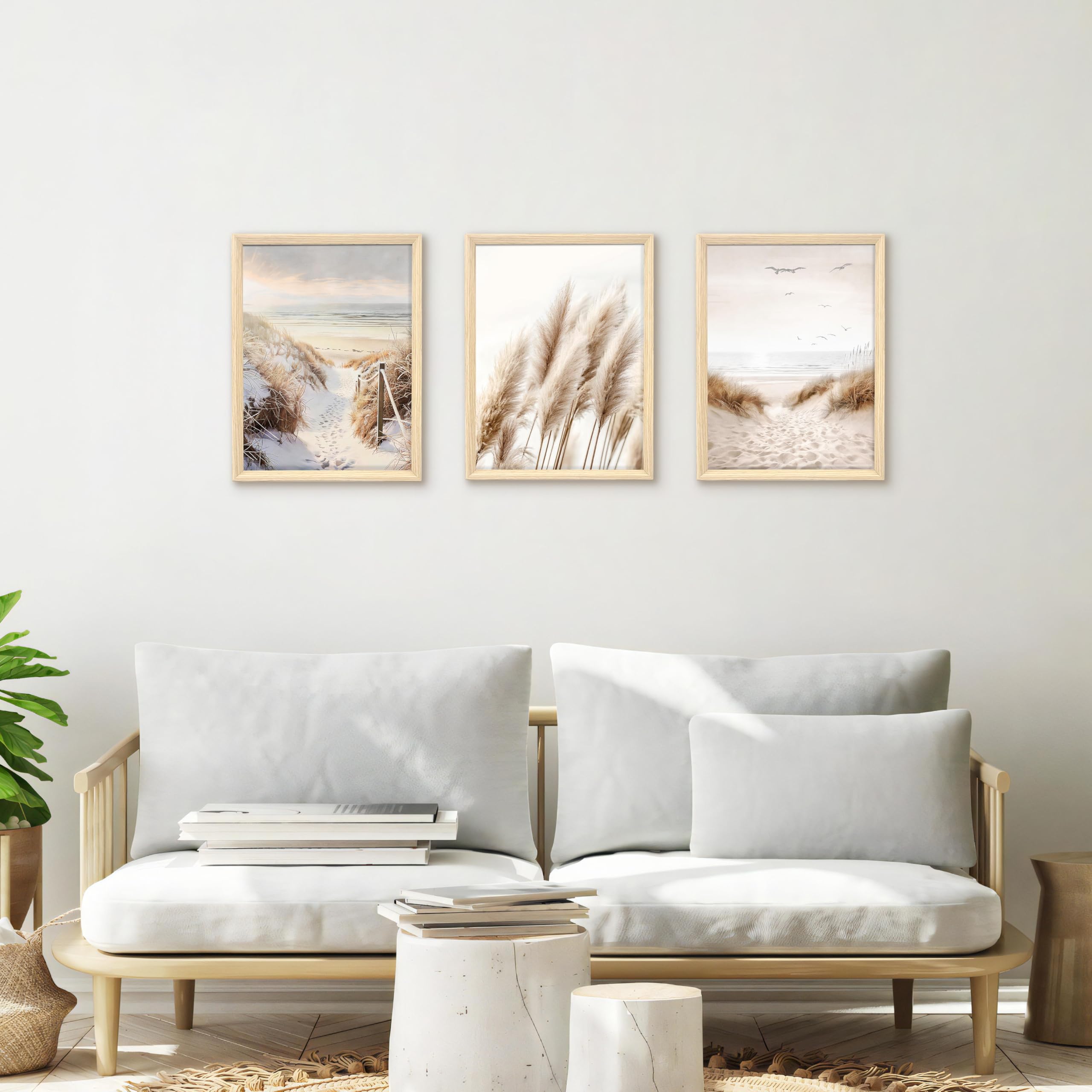 Boho Pampasgras Leinwand Bilder Set 30x40cm 3er Set Wanddeko Natur Strand Meereslandschaft Poster