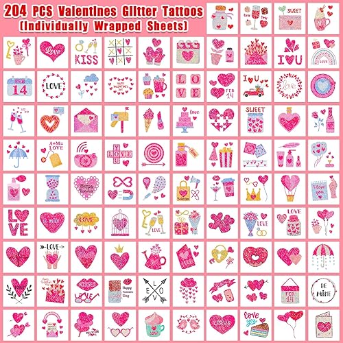 Miniatura 3 de Partywind 204 estilos de purpurina para el día de San Valentín, tatuajes temporales para niños, suministros de fiesta de San Valentín, regalos de