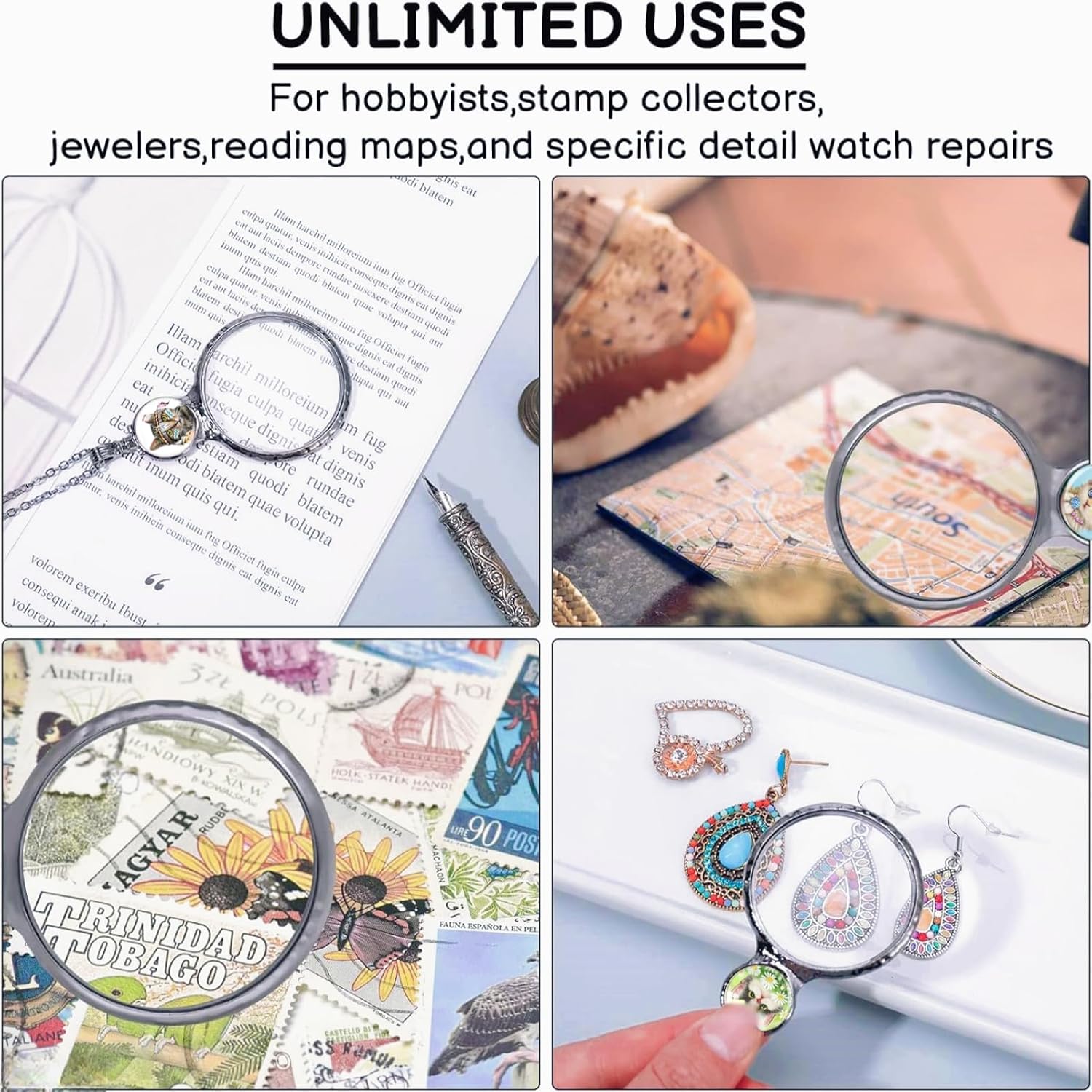 2 Women's Magnifying Glass Necklaces 10x Magnifier Cat Pendant with Long Chain Vintage Reading Magnifier (Colorful)