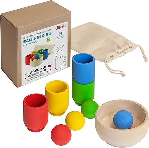 Miniatura 1 de Ulanik Kit de iniciación de bolas en tazas, juguetes Montessori para niños de 1 año, juego de madera a juego para aprender a clasificar y contar