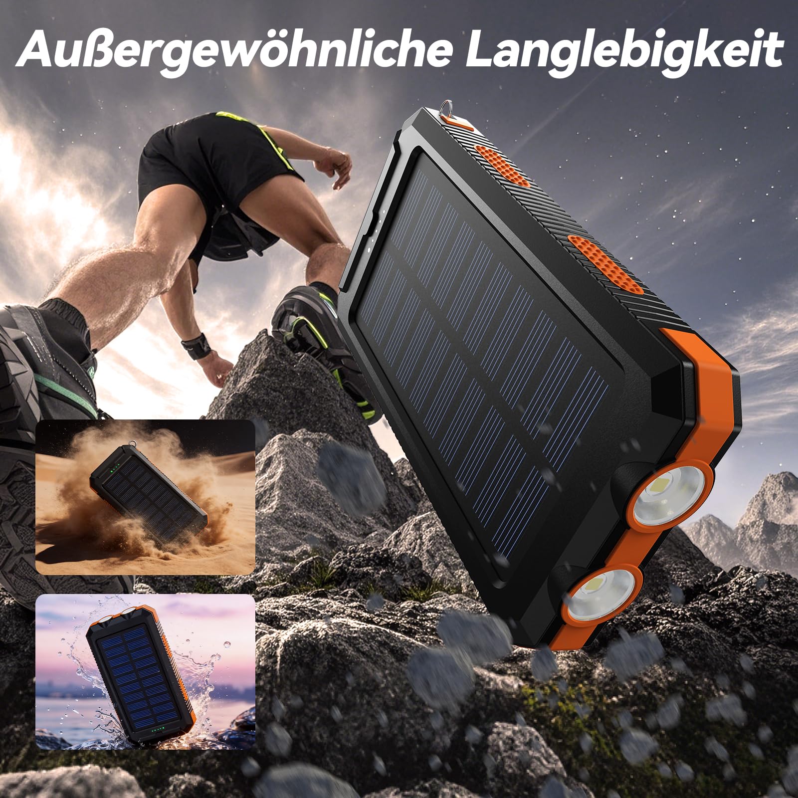 Vikeri Solar Powerbank 26800mAh, Powerbank Solar Wasserdichtes USB C Externer Akku mit 4 Outputs, Power Bank für Smartphones, Tablets und mehr (Dunkelorange)
