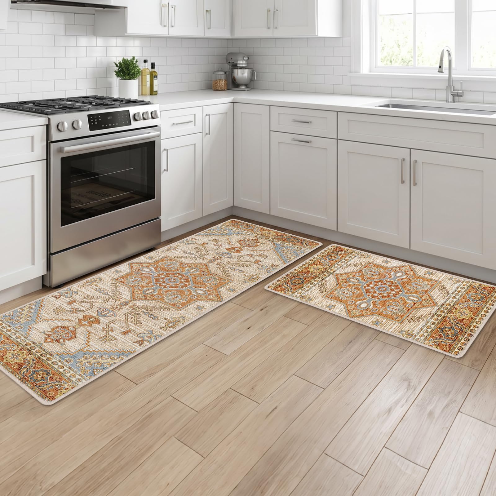 Luvart Kitchen Mats Non Slip Washable, Boho Kitchen Runners Rug Set of 2, Floor Carpet Mats for Home Standing Decoration(43x75 cm+43x150 cm)