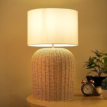 Decazone Rattan Handmade Wicker Table Lamp, Beside Table Lamps, Study Table Lamps, Side Lamps Light Decoration for Home, Living Room, Bedroom Bedside, Hall (White)