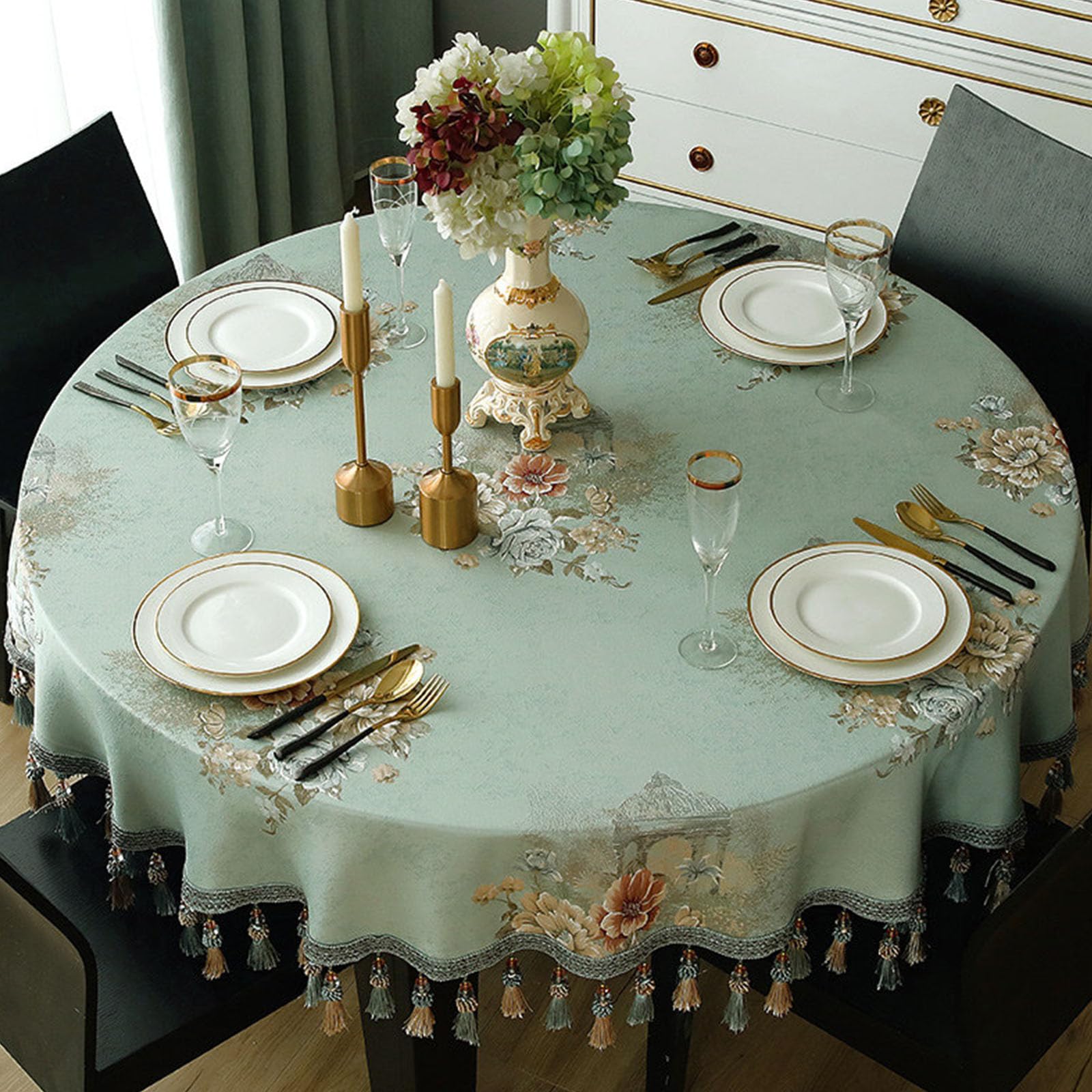 Nappe ronde motif européen 3D en polyester pour table de salle à manger