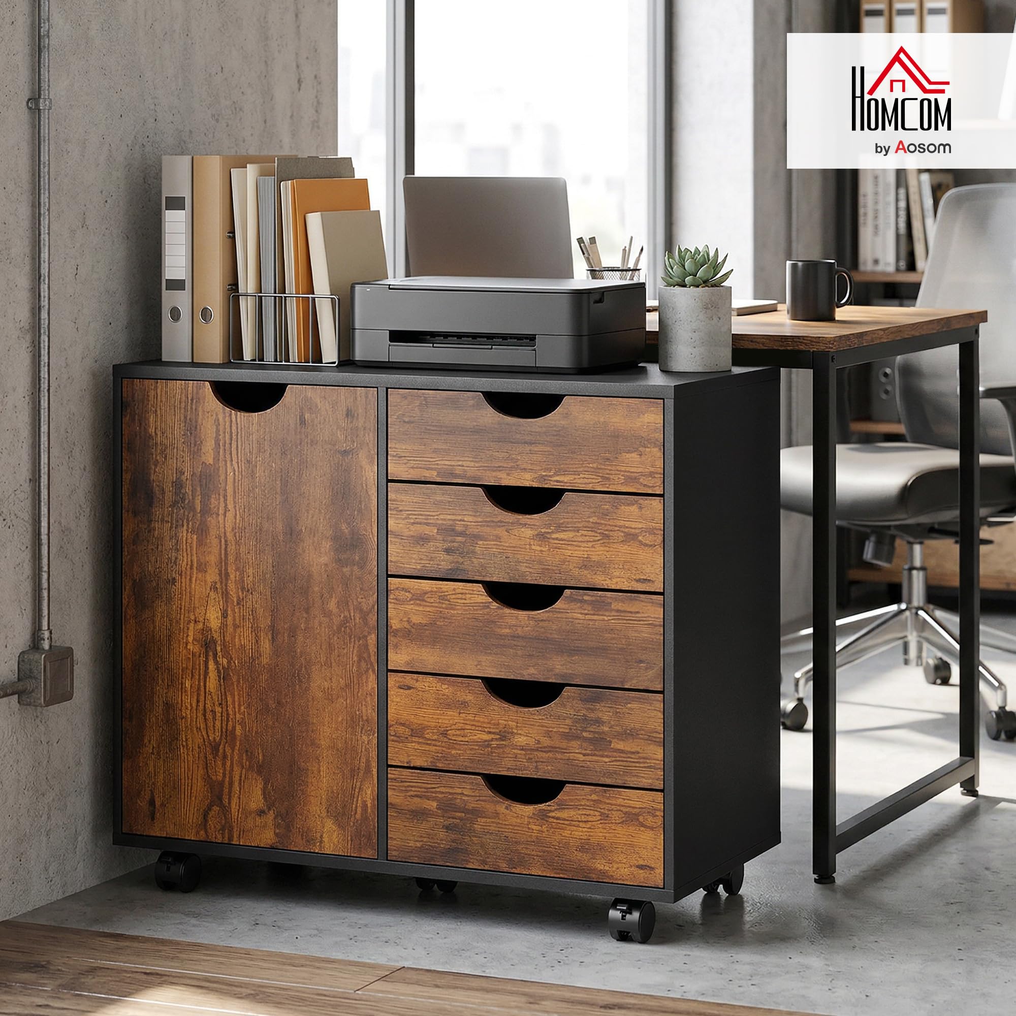 HOMCOM Cassettiera da Scrivania Mobile con 5 Cassetti e 1 Anta, Ripiano Regolabile, Armadio per Documenti e Cancelleria, 78 x 40 x 66,5 cm, Marrone Rustico