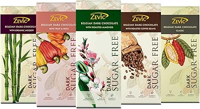 ZEVIC Sugar Free Dark Chocolates Pack | Organic Belgian Chocolates Bar Combo | Vegan & Healthy Diet Friendly Chocolates | Belgian Roasted Almond, Coffee Beans, Jaggery, Classic & Fruit and Nuts Chocolates Combo Pack, 40g Each - (Pack of 5)
