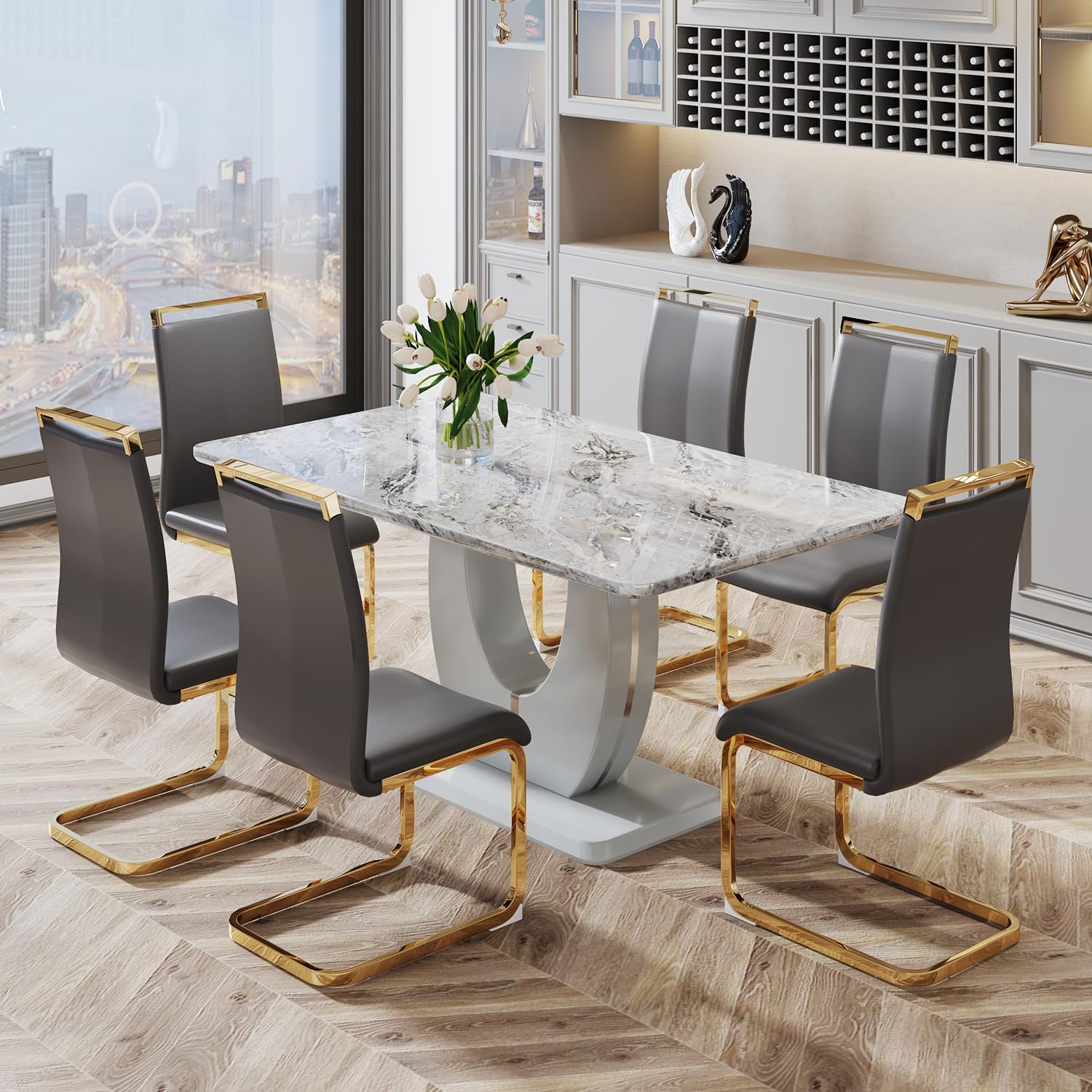 JUFU Modern Faux Marble Dining Table Set for 6, 63" Rectangular Kitchen Table with U-Shaped Pedestal Base & 6 Dark Grey Golden Cantilever Chairs, 7-