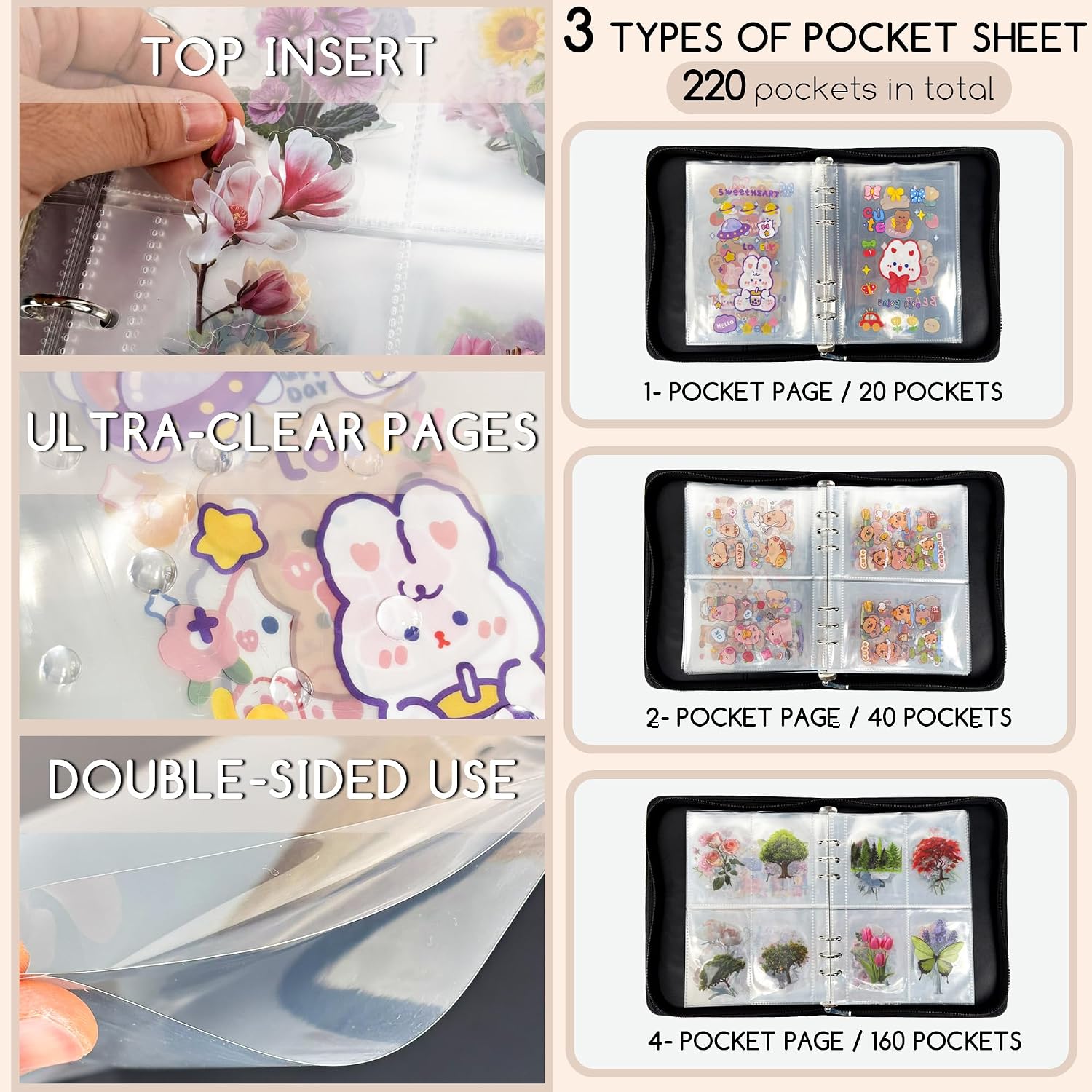 5-in-1 Sticker Organizer Binder Reusable Sticker Storage Book A5 Zipper Binder with 220 Pockets,10 Release Papers, Sticker Album Sticker Collecting Display Keeper