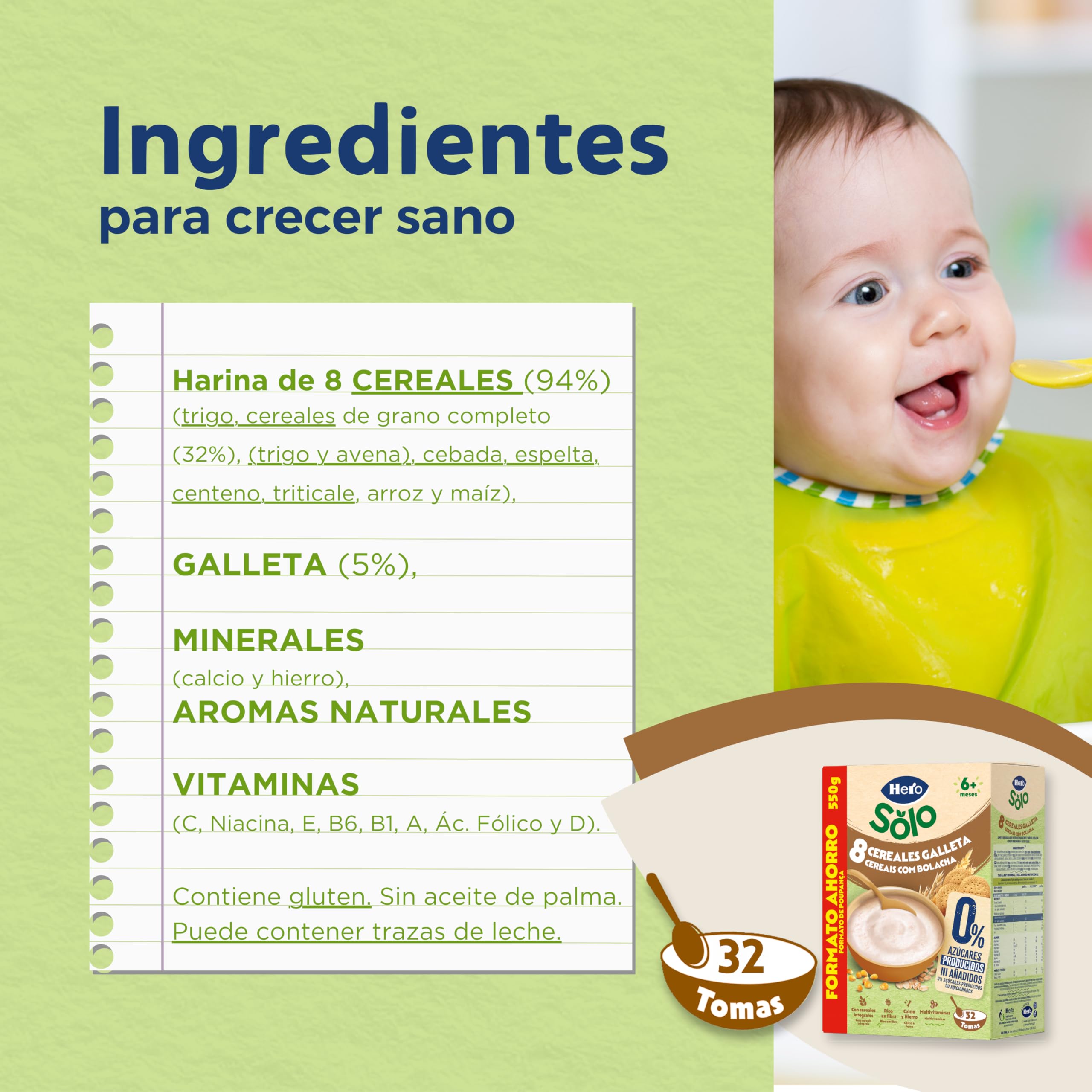 Hero Solo Papilla 8 Cereales con Galleta, Sin Azúcares Añadidos, Rica en Fibra y Vitaminas, Sabor Natural para Bebés, a partir de 6 meses, 6 ud x 550gr