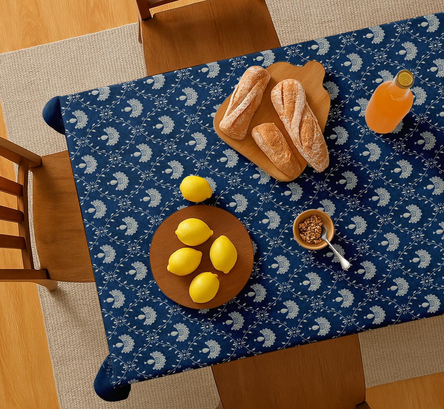 Floral Theme Cotton Tablecloth - Blue 54X54 Inch Dining Table Cover, Fits 4 to 6 Seater Tables, Strong Blue Stylish, Machine Washable, Perfect for Family Meals, Parties