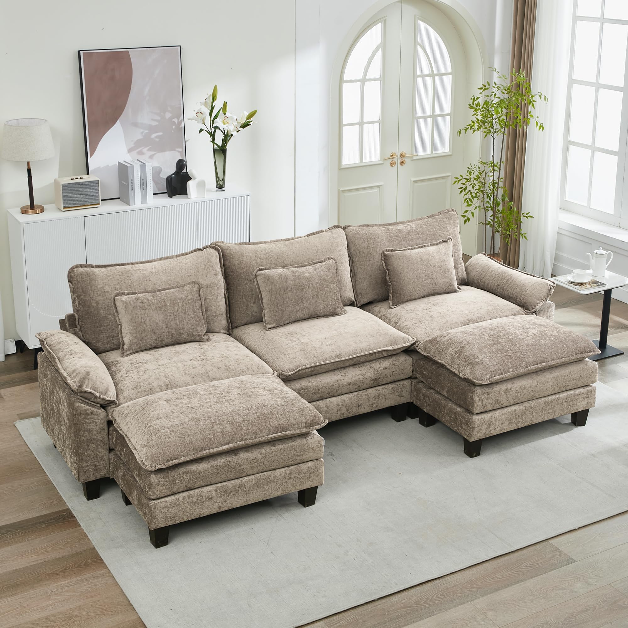 URRED Cloud Couch Modular Sectional Sofa, 122" Modern U Shaped Deep Seat Sofa with 2 Ottomans & Pillows, Ultra Comfy Chenille Couches for Living Room, Bedroom or Apartment, Khaki