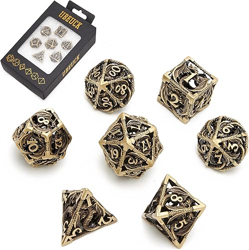 Miniatura 7 de Dados DND, dados de metal huecos D&D, juego de dados de mazmorras y dragones con caja de regalo, 7 piezas de juegos de dados poliédricos steampunk