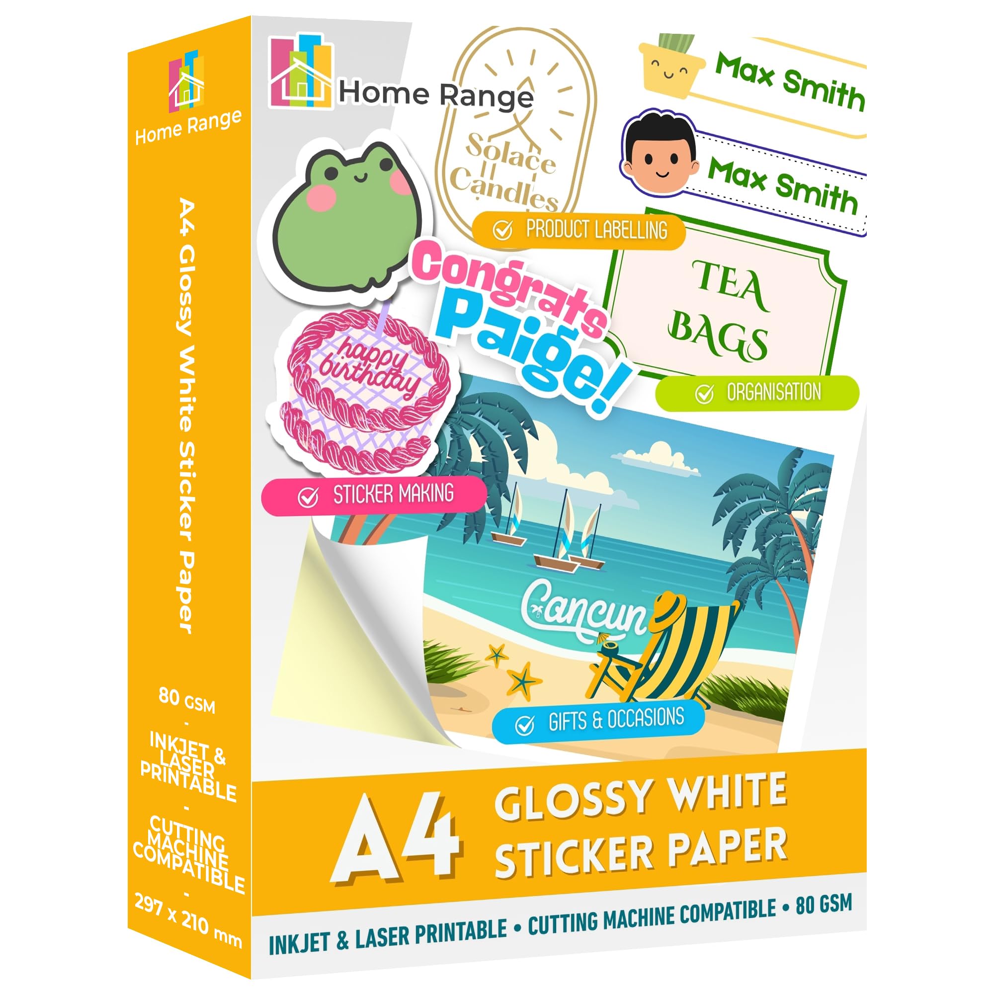 Home Range 500 Sheets A4 Glossy Self-Adhesive Sticker Paper, White Printable A4 Sticky Back Labels Compatible with Inkjet & Laser Printers for Home, Office & Craft Projects