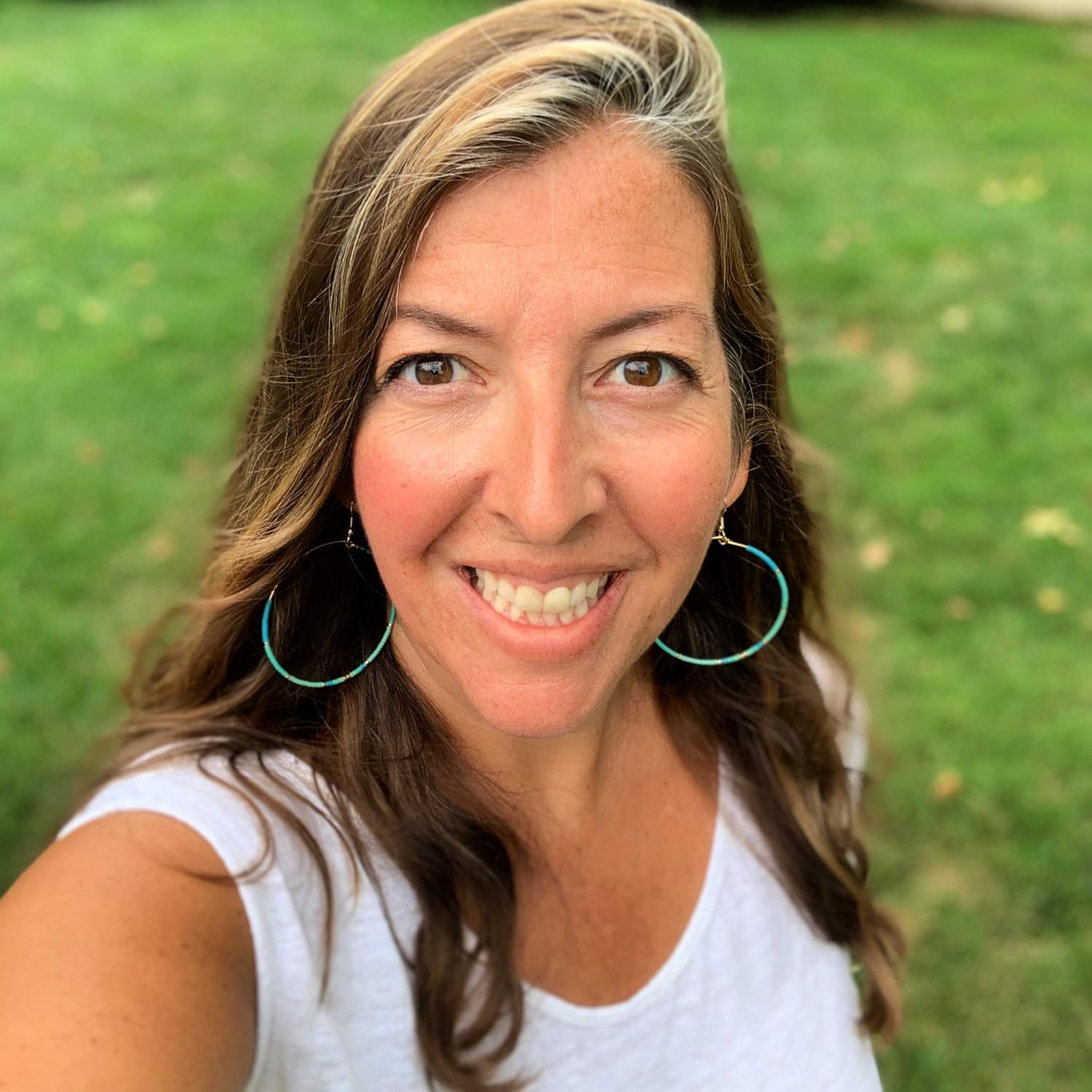 3 inch Long Aqua Blue Beaded Hoop Earrings on Gold-Plated Ear Wires Turquoise Handmade Round Hoops
