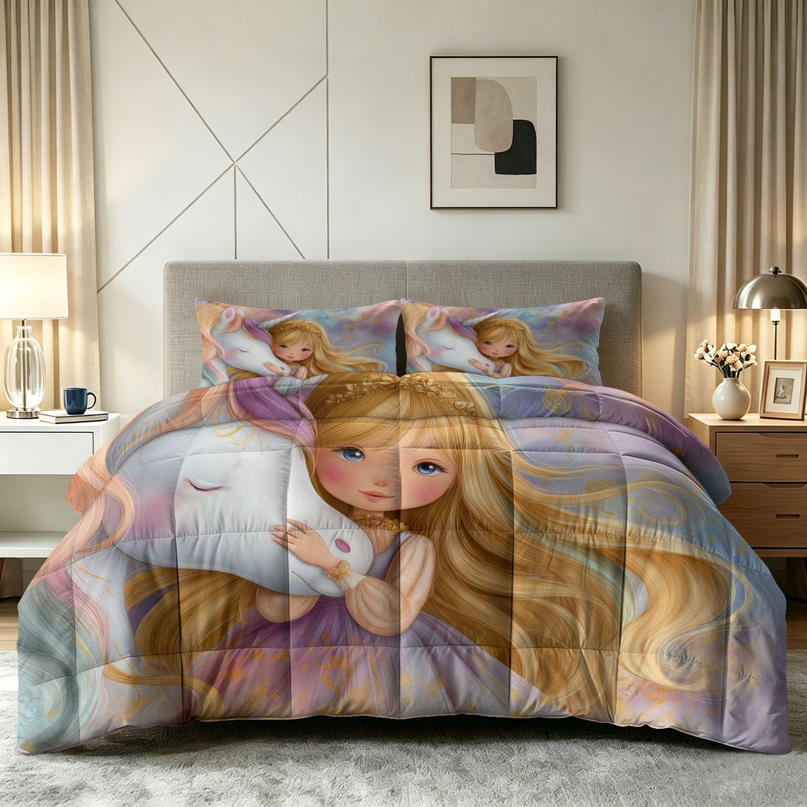 Jednorożec blond kołdra pojedyncza dla małej dziewczynki, dwustronna, kreskówkowa, bez poszewki, zestaw pościeli 135 x 200 cm, antyalergiczna kołdra 7,5 Tog, na wszystkie pory roku, 1 miękka pościel z