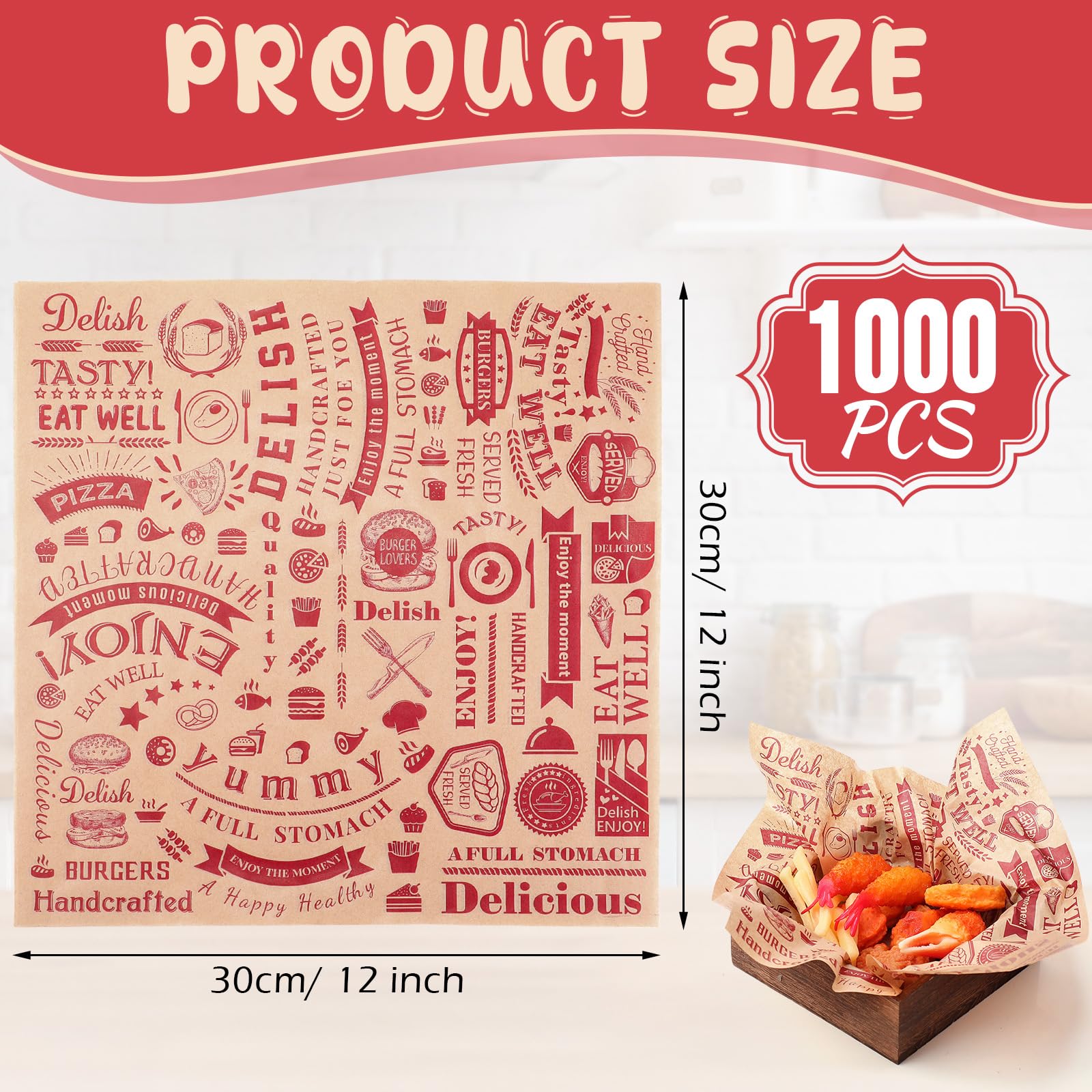 Outus 1000 fogli di carta cerata per alimenti, 30,5 x 30,5 cm, resistenti al grasso, per carta da giornale, acqua e grasso, per avvolgere panini, hot dog, per la cottura degli alimenti (rosso su