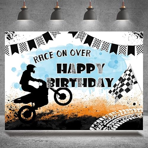 Miniatura 1 de Telón de fondo de motocicleta con texto en inglés "Race On Over Motocross Racing Fotografía", decoración de fiesta de cumpleaños, suministros para