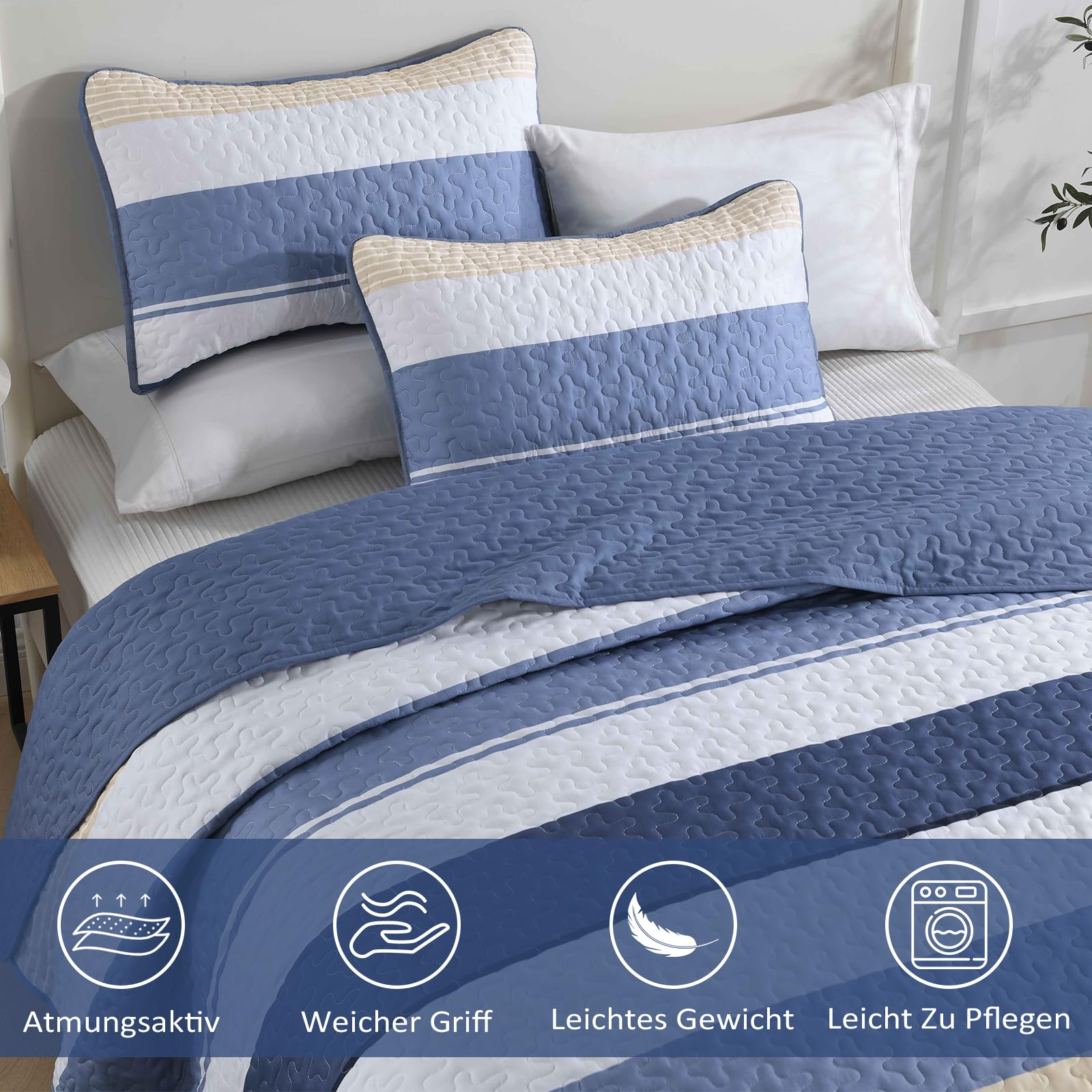 WONGS BEDDING Colcha de 240 x 260 cm, color azul, a rayas, 3 piezas, para cama de matrimonio, microfibra, con 2 fundas de almohada de 50 x 75 cm, para dormitorio o sofá