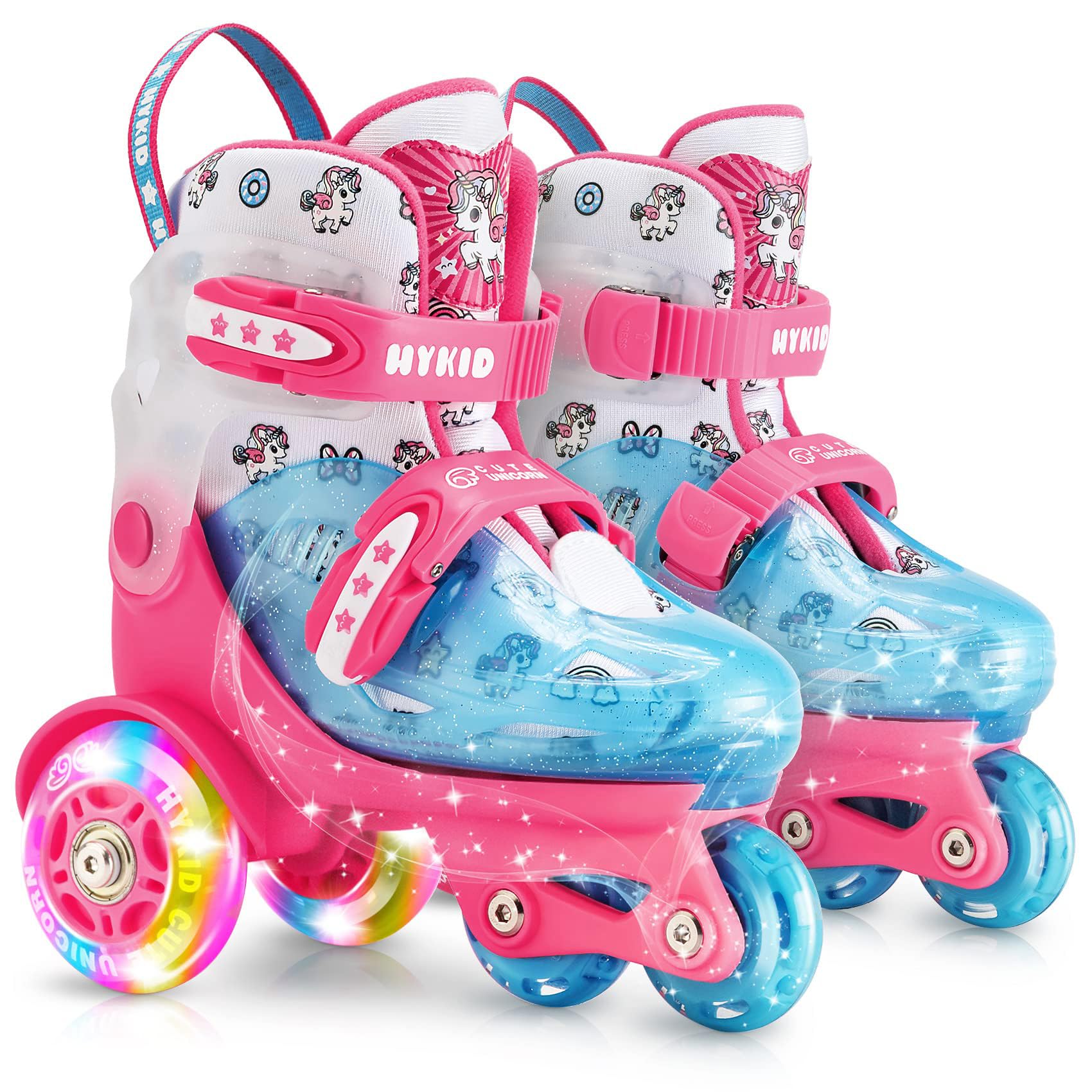 HYKID Toddler Roller Skates, 4 Adjustable Sizes, Fun Illuminating, Safety Three-Point Type, Breathable Upper, Beginners' Roller Skates for Girls Boys