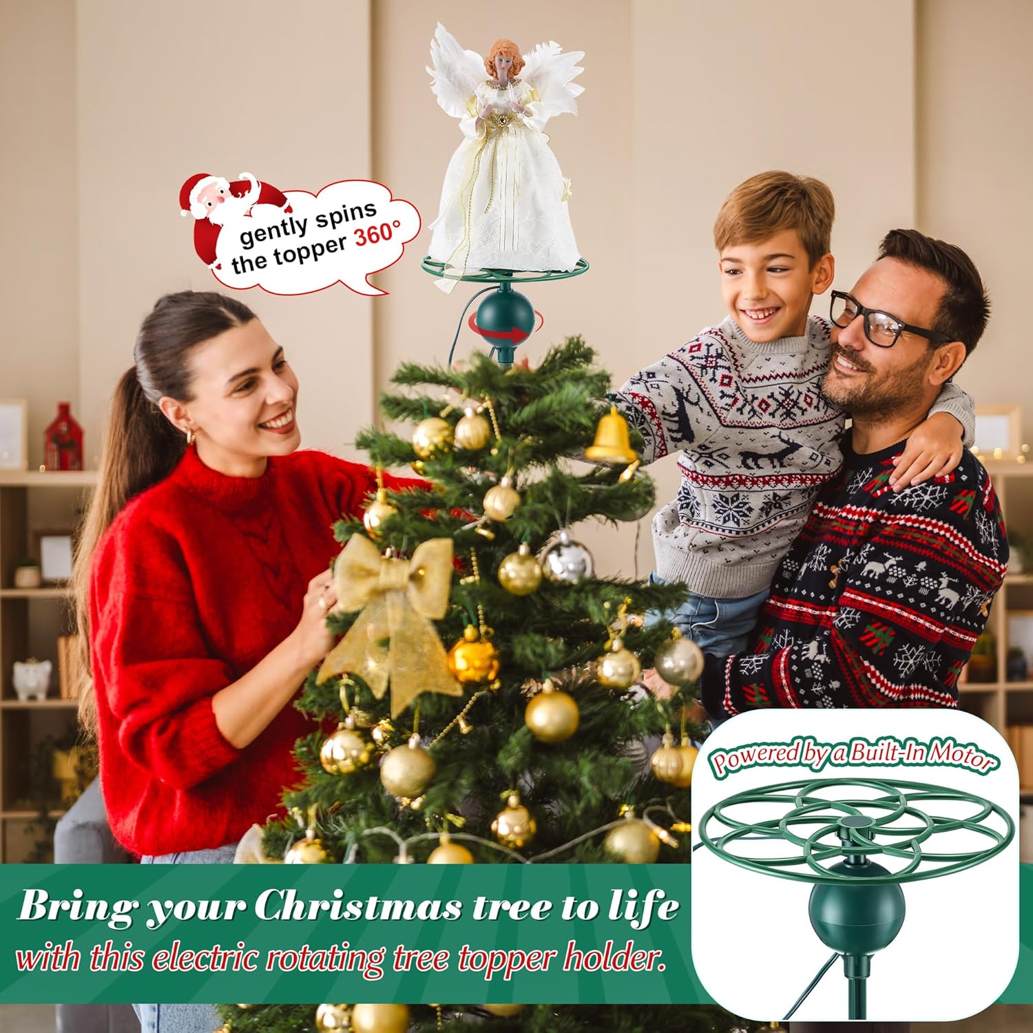 Meonum Upgraded Electric Rotating Christmas Tree Topper Holder, Universal Tree Topper Stabilizer Fits All Base Types, Green Support Rod to stabilize Seasonal Treetop Ornaments (Flat Base Type) - Image 4
