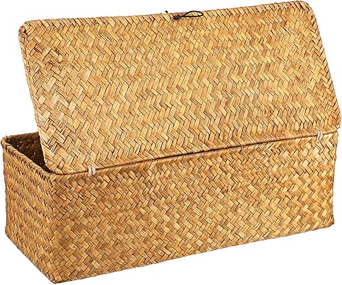 Miniatura 9 de Hipiwe Seagrass Storage Basket Bin with Lid Rectangular Woven Shelf Baskets with 3-Section Toilet Paper Basket Holder for Closets Pantry Bathroom
