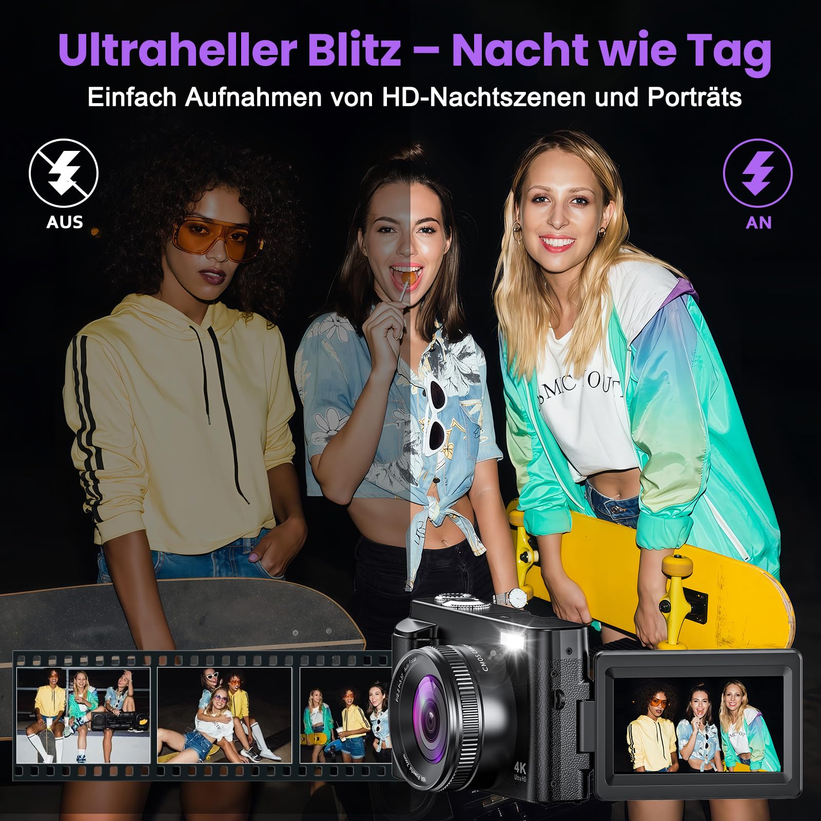 4K 64MP Digitalkamera mit WLAN und Autofokus, 3" 180° Klappbildschirm, Kompaktkamera mit 32GB Karte, Ladestation und 2 Akkus