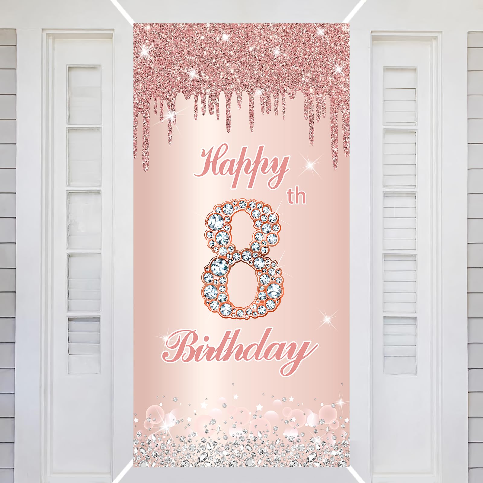 8th Happy Birthday Decorations Door Banner Pink Rose Birthday Banner for Party Backdrop for Women Door Cover Party Decoration Supplies Poster