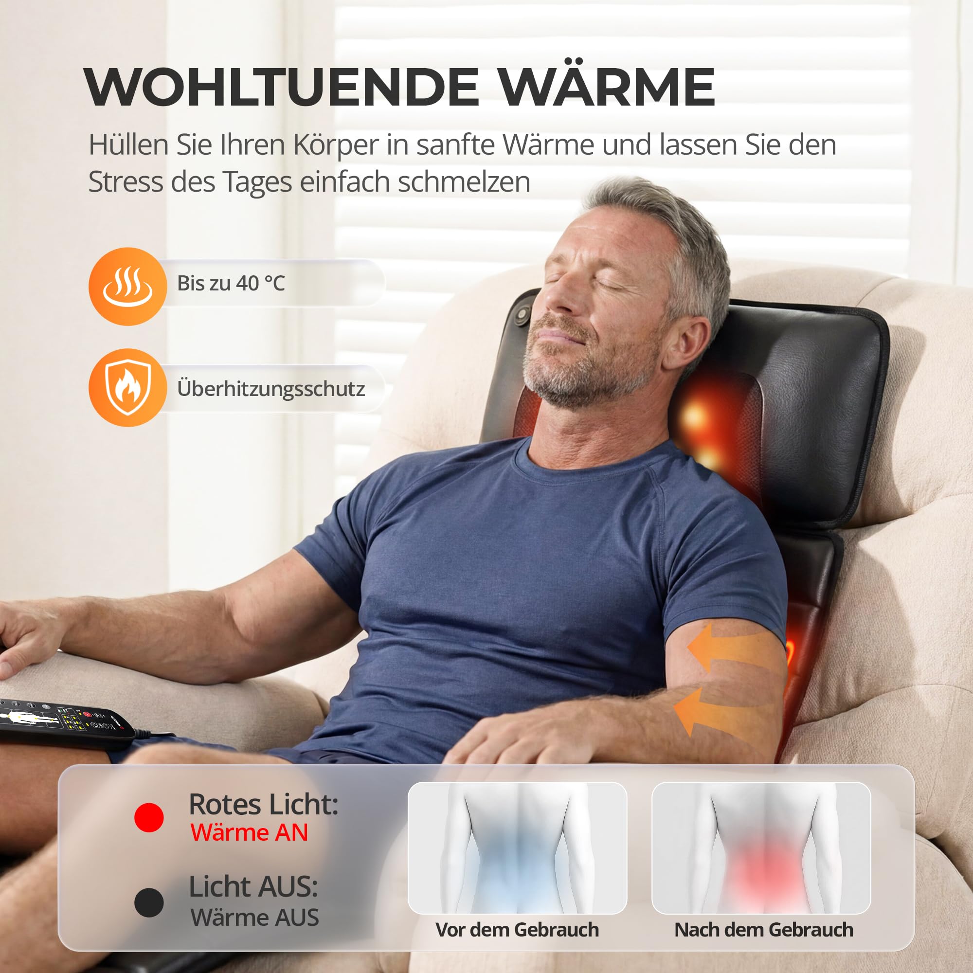 Massagematte mit Shiatsu-Nackenmassage & Wärme, Ganzkörper Massagematte mit 10 Vibrationsmotoren für Rücken, Taille und Beine, Elektrische Massageauflage für Zuhause & Büro, Schwarz