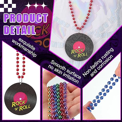 Miniatura 4 de Tigeen 48 collares de cuentas de los años 80 con cuentas metálicas de neón retro, collares de discoteca para fiestas a granel, decoración colorida