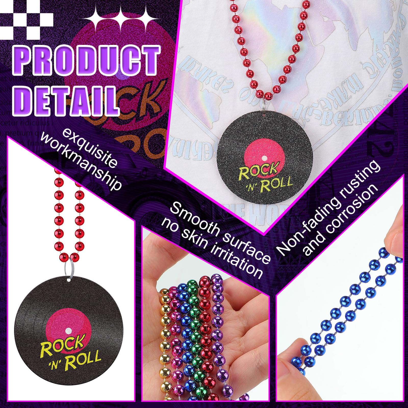 Glow Party Necklace Ronglry 80s Neon Beaded Necklace With Lightning &amp; Cassette Charms - Glow Party Costume Accessories For Women Glow In The Dark Necklaces