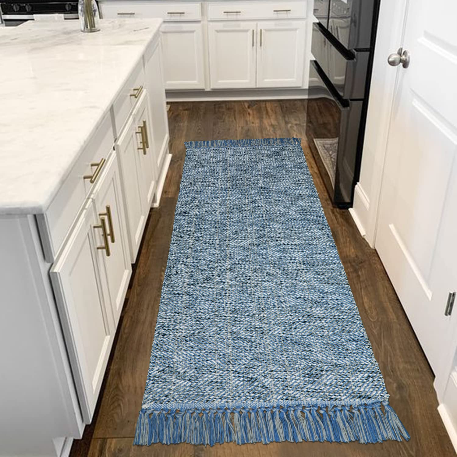 Photo 1 of Collive Hallway Runner Rug, 2' x 6' Hand-Woven Reversible Washable Entryway Rug, Blue Cotton Modern Farmhouse Laundry Room Rug Long Carpet for Bathroom Sink Foyer Bedroom Blue 2' X 6'