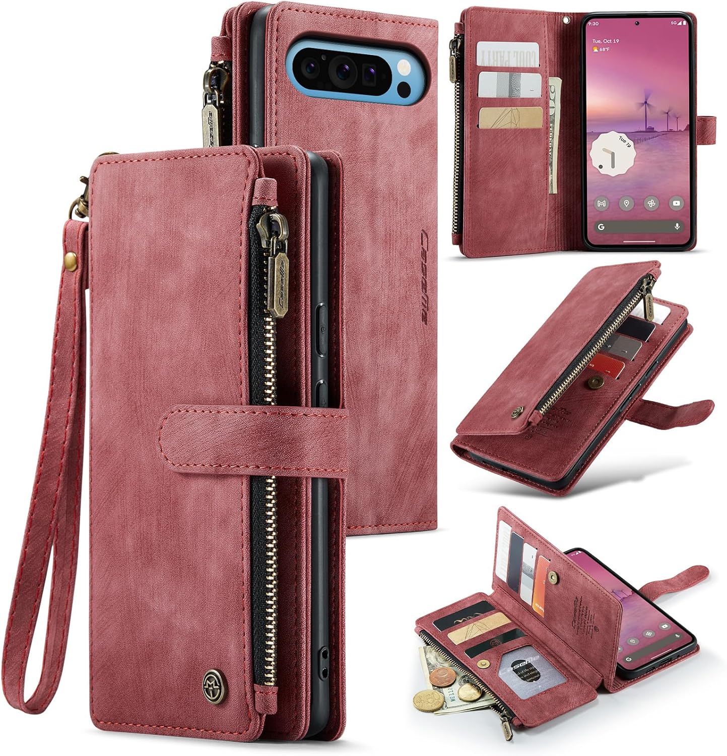 Google Pixel 10 Pro XL 5G Wallet Case with Card Holder Kickstand Magnetic Zipper Pocket Lanyard Strap Wristlet,Leather Flip Case Wallet for Google Pixel 10 Pro XL 5G 6.8 Inch (Red)