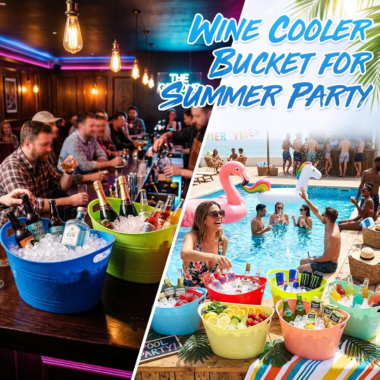 meekoo 9 Pcs Colorful Plastic Ice Buckets Bulk 4.5l Oval Beverage Cooler Tub with Handles for Wine Beer Champagne Drink Large Capacity Storage Container for Parties BBQ Weddings Outdoor Celebrations
