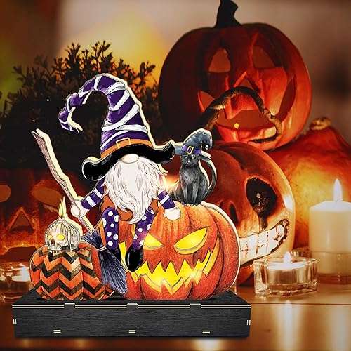 Miniatura 4 de Decoraciones de Halloween para mesa, decoración de mesa de calabaza de bruja iluminada de madera, funciona con pilas, decoración de mesa de