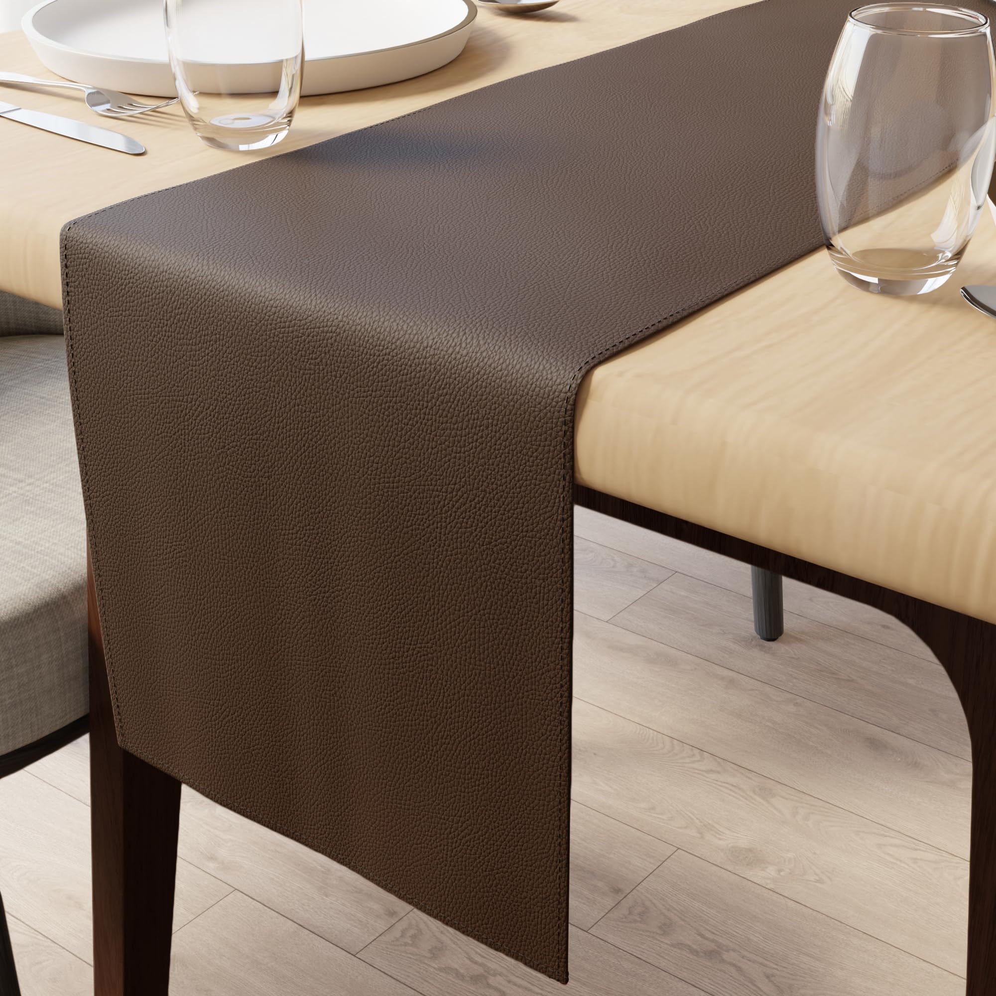 Encasa XO Runner Tavola in Finta Pelle, Impermeabile 12"x72" | Marrone scuro, Spessore 0,7 mm | Retro Tricot Antiscivolo | Facile da Pulire con Panno Umido | Protegge il Tavolo
