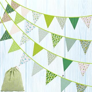 Large Fabric Bunting Banner, 39.5ft Floral Vintage Triangle Flag Garland Reusable Cotton 42pcs Floral Pennants Decoration for Garden Wedding Baby Shower Birthday Parties (Green)