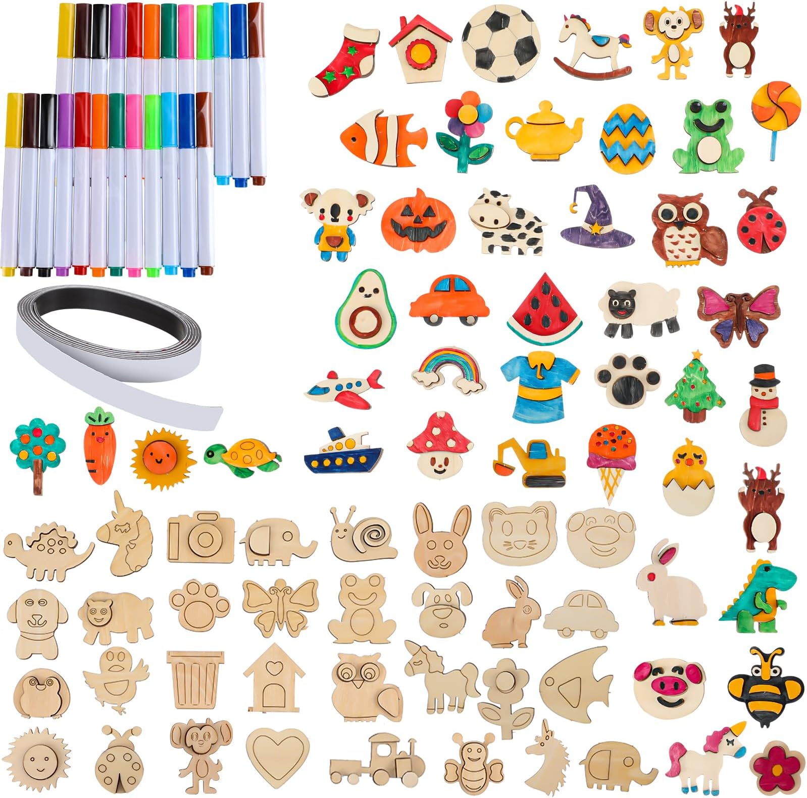 Saysurey78 Pcs DIY Wooden Magnets Painting Craft Kit Wooden Art Craft for Kids Wooden Painting Crafts for Kids Decorate Your Own Painting Birthday Gifts Party Favors for Boys Girls